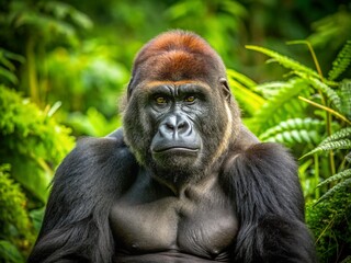 Fototapeta premium A majestic western lowland gorilla with thick fur and expressive eyes sits calmly in a lush green jungle