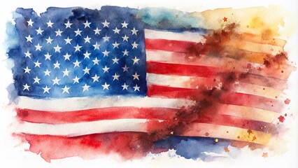 Vibrant watercolor depiction of the American flag, with bold brushstrokes, soft blended colors, and subtle texture, evoking patriotism and national pride.