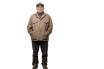 Obraz premium Pensioner in clothes and headdress standing with copy space mockup on transparent background