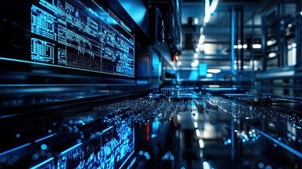 Futuristic Data Center with Digital Interfaces and Illuminated Technology