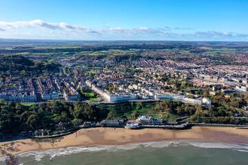 Aerial photo of the British seaside town of Scarborough, the seaside coastal town is located in...