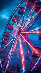 A slow shutter speed blurs a brightly backlit ferris wheel.
