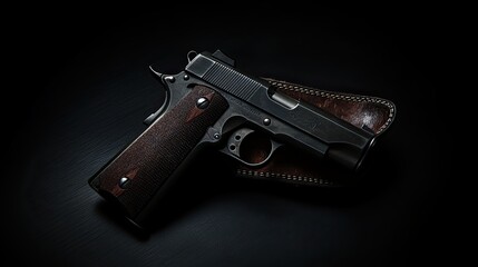 Stylish Handgun with Leather Holster on Black Background