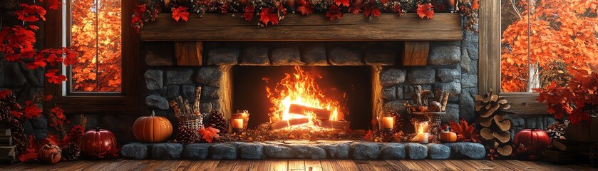 Obraz premium Cozy fireplace surrounded by autumn decorations, creating a warm and inviting atmosphere for fall gatherings.
