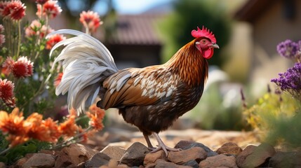 Photo template inspiration image of beautiful brown hen sitting flowers bed  