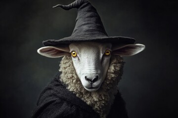 Fototapeta premium Sheep in Witch Costume with Dark Hat