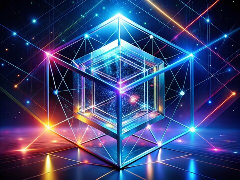 A mesmerizing futuristic concept visual featuring a rotating four-dimensional cube with vibrant neon lines and