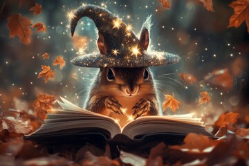 Obraz premium Magical Squirrel in Witch Hat Reading Spellbook