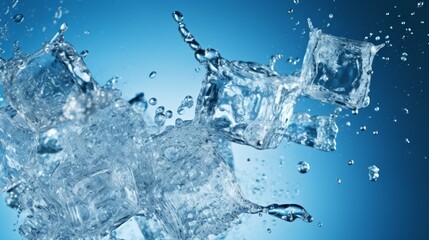 Ice cubes falling into water on blue background. Neural network ai generated art
