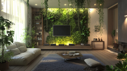 A peaceful living room space that embraces biophilic design with hanging vines, moss wall art, and natural materials like wood and stone. 