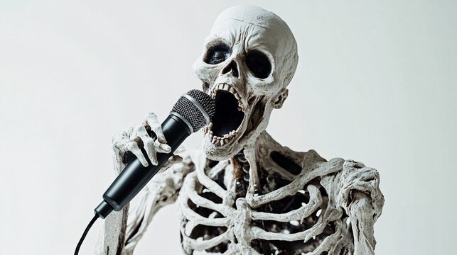 a skeleton singing into a microphone