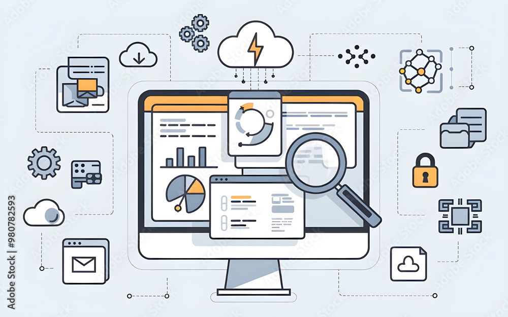 Wall mural digital technology and web development solutions in flat minimalist style