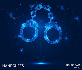Hologram handcuffs. Handcuffs made of polygons, triangles, dots, and lines. Low-poly handcuffs structure of connections. Technology concept vector.
