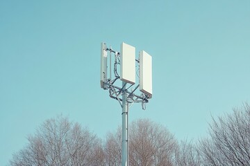 A Cell Tower with Rectangular Antennas Against a Blue Sky