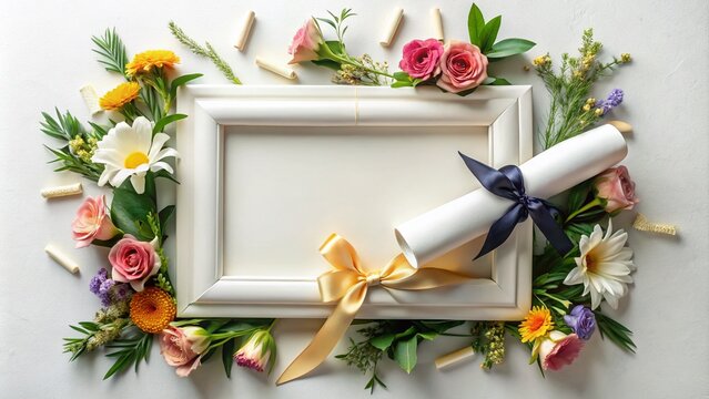 A modern, ornate frame holds a 2024 graduation diploma, surrounded by decorative flowers, greenery, and ribbons,