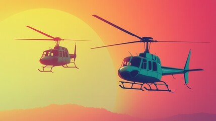 Fototapeta premium Vibrant Helicopters in Sunset Sky