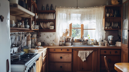 A quaint kitchen featuring wooden cabinets, lace curtains, antique cooking tools, and a mix of handmade ceramics in pastel tones