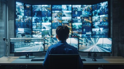 Individual monitoring multiple surveillance screens in a control room during late hours