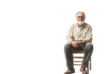 Pensioner with gray beard and glasses sits on chair with copy space mockup on transparent background