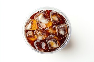 Takeaway plastic cup with iced cold coffee drink isolated on white background, Top view , ai