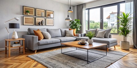Fototapeta premium A modern living room interior with a comfortable couch, coffee table, and rug, showcasing a stylish and functional