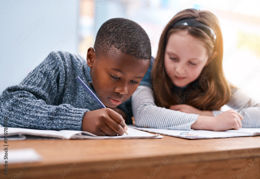 Poster students, writing and book for education in classroom of learning, study quiz and drawing assessment