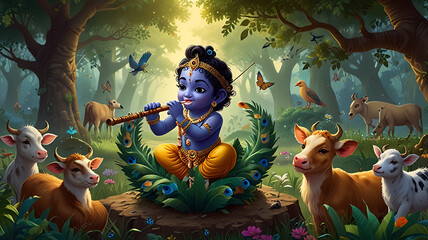 A cute cartoon version of Lord Krishna as a child playing the flute under a tree with peacocks and cows around him, smiling peacefully.