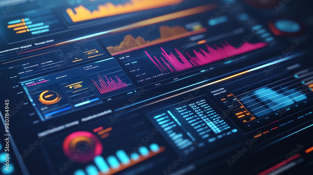 Poster futuristic interface with data visualizations and graphs