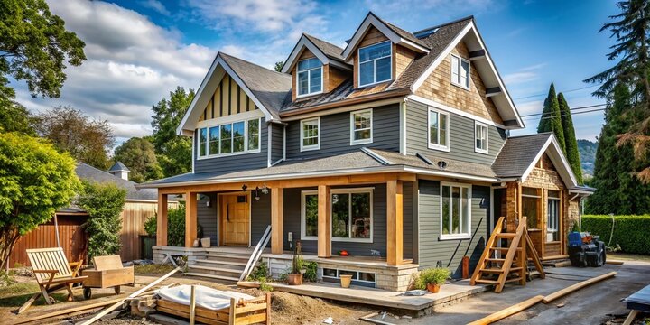 A modernized, eco-friendly home renovation exposed during construction, showcasing replaced windows, updated siding,