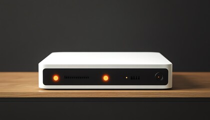 Fototapeta premium White rectangular device with orange lights on a wooden surface