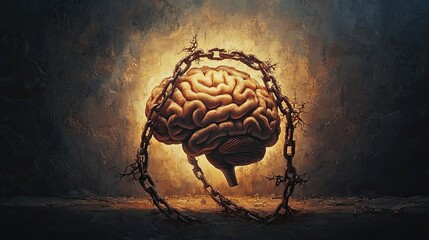 "Concept of Mental Freedom: Brain Enclosed by Chains"