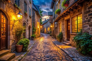 A narrow, winding street lined with ancient buildings, cobblestone pavement, and atmospheric lighting, evoking a sense