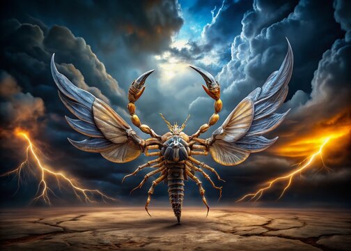 A mythical, intricately detailed scorpion with translucent wings spreads them wide, set against a dark, ominous stormy