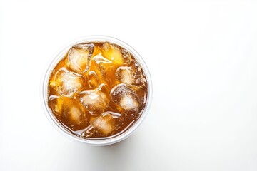 Takeaway plastic cup with iced cold coffee drink isolated on white background, Top view , ai