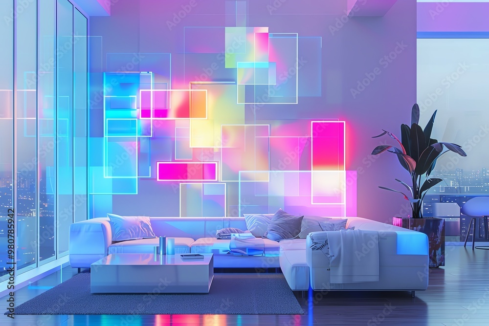 Wall mural living room with neon art installation, smart home technology, colorful holograms floating, digital 