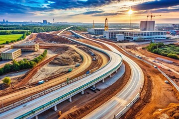 A newly built access road winds through a vast construction site, symbolizing progress, development, and connectivity