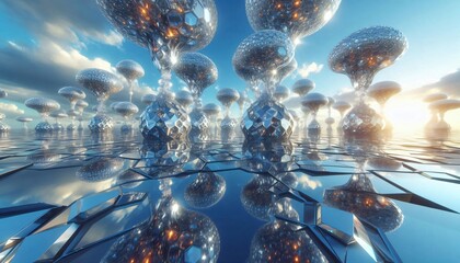 Abstract blue background with shimmering lights and colorful bubbles, perfect for festive designs or futuristic wallpapers