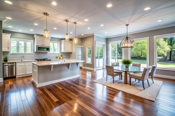 A newly renovated modern home interior with fresh paint, updated fixtures, and sleek flooring, showcasing a bright and