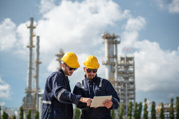 Refinery industry, engineer working in industrial production, oil and gas refinery plant industry factory