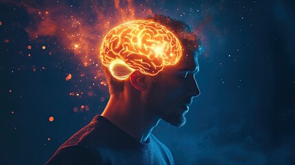 "Creative Concept of Human Brain Power with Fiery Glow"