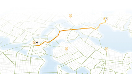 Concept of shortest path from home to work. Online location tracking on city map. POIs along the way. Huge city map with roads streets as background. Vector illustration
