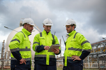 Refinery industry, engineer working in industrial production, oil and gas refinery plant industry factory