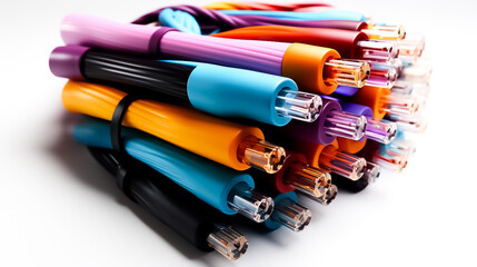 A stack of colorful crayons with one being used as a color, computer network cable, cables, cable isolated on white