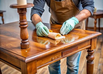 A person gently scrapes away excess wax from a wooden table leg, revealing the restored wood grain, with