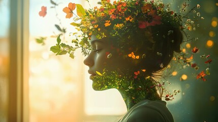 "Nature-Inspired Profile Portrait with Floral Elements"