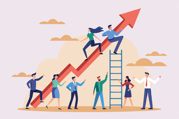 Team growth, teamwork to help improve working and achieve success, work together or cooperate to increase efficiency concept, business people help pushing green graph and chart arrow rising up.
