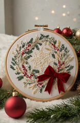 A beautifully crafted embroidery hoop with a delicate snowflake-patterned fabric stretched across it. Set against a warm and inviting Christmas-themed background, featuring soft, golden lights.
