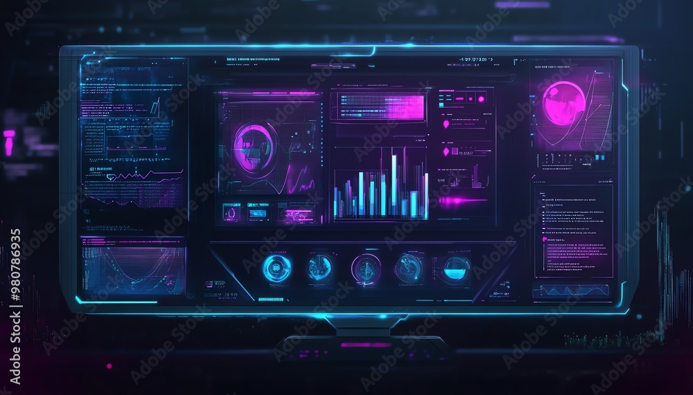 Poster futuristic computer monitor displaying data and code