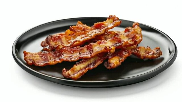 fried bacon served on a black plate isolated on a white background in detail suitable for food advertisements High quality HD 4K video food, meat, chicken, meal, grilled, dinner, pork, plate, dish, fr
