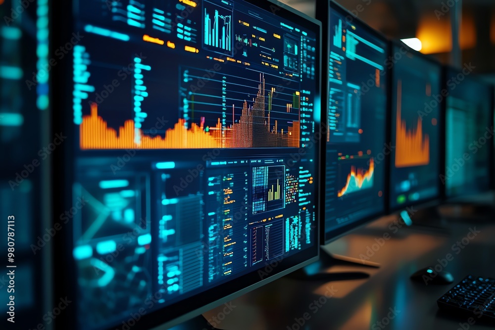 Poster a row of computer monitors displaying financial data and charts